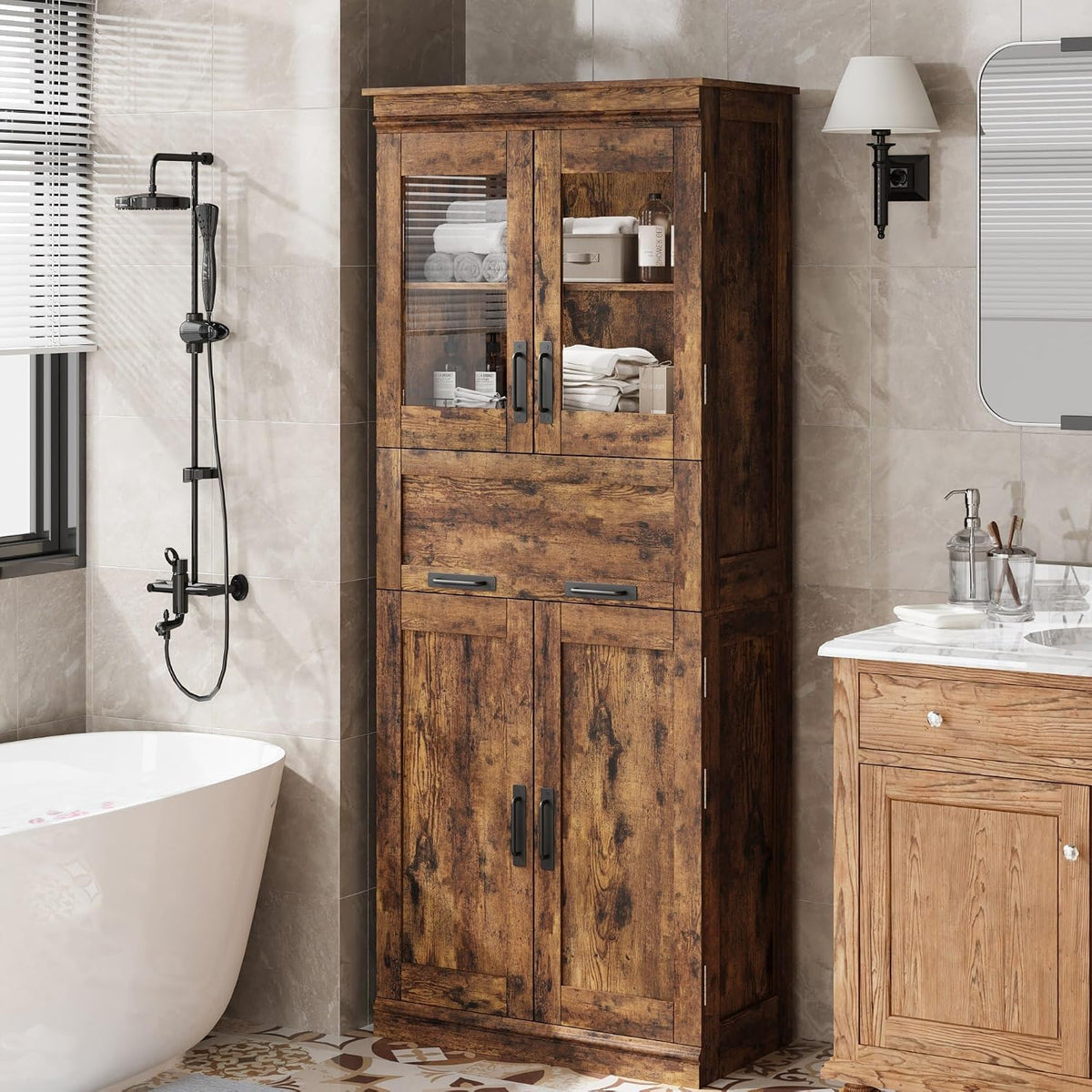 Rustic‑Brown Tall Freestanding Glass‑Door Cabinet
