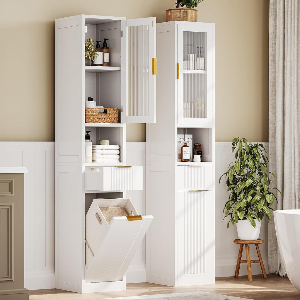 White Tall Freestanding Reeded‑Glass Cabinet