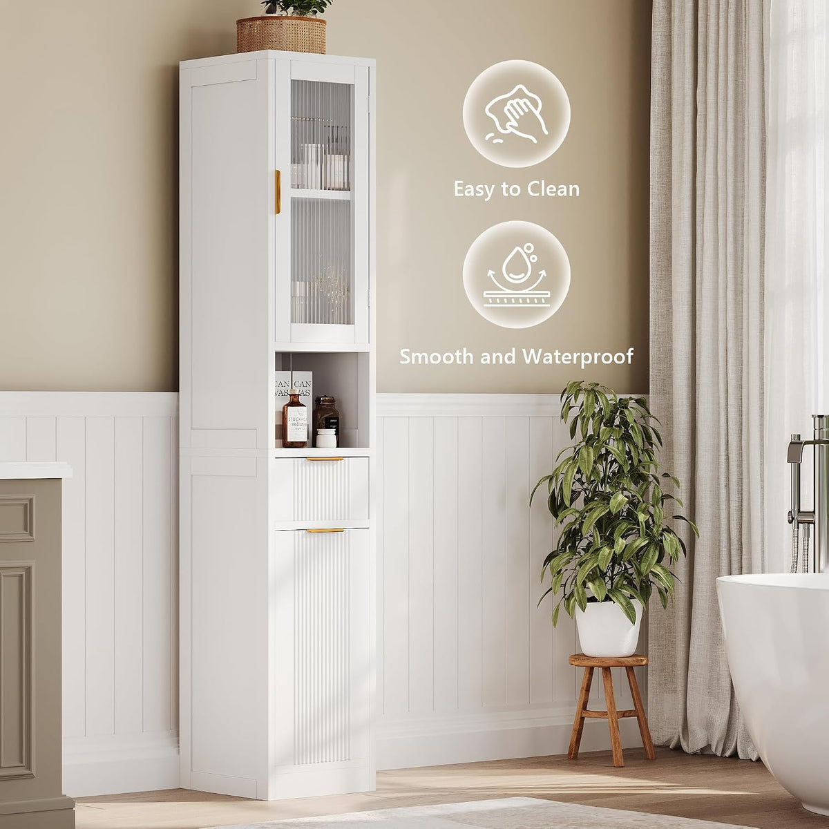 White Tall Freestanding Reeded‑Glass Cabinet