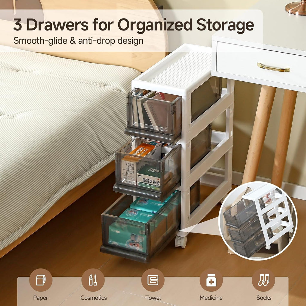 Gray 3‑Drawer Narrow Rolling Plastic Cart