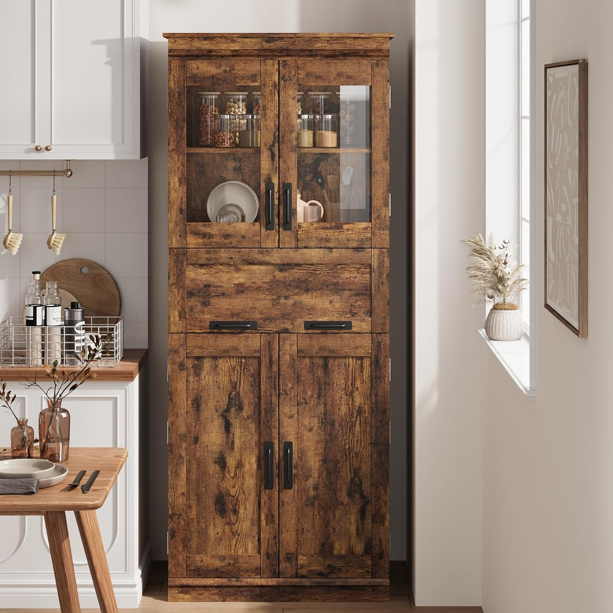 Rustic‑Brown Tall Freestanding Glass‑Door Cabinet