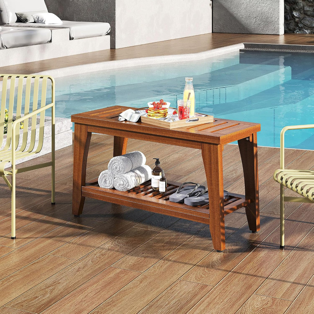 30" Solid Teak Shower Bench with Storage Shelf